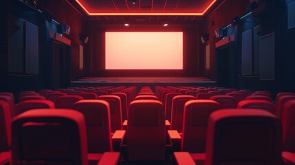 Fototapeta premium An empty movie theater with red seats and a blank screen