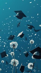 Blue background with dandelion seeds and graduation caps flying in the air.