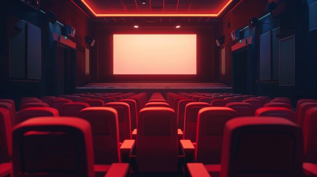An empty movie theater with red seats and a blank screen
