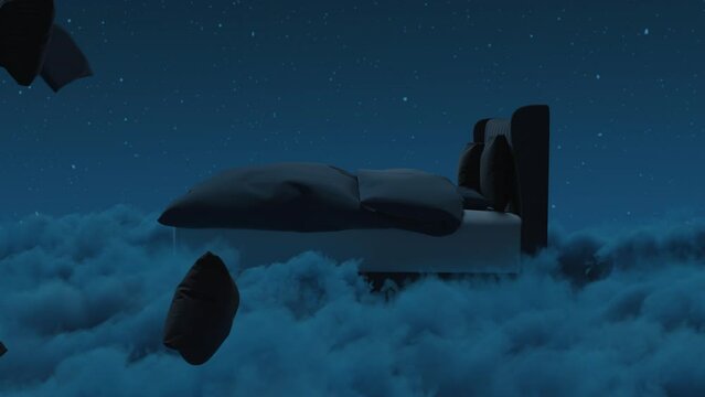 cozy bed with flying pillows over fluffy clouds at night