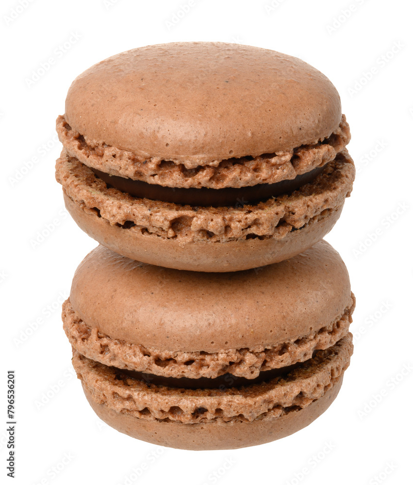 Poster stack of chocolate macarons on isolated background