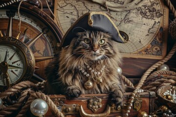 An adventurous, fluffy Maine Coon cat sporting a swashbuckling pirate hat, perched on a treasure chest overflowing with pearls, gold coins, and shimmering gemstones.