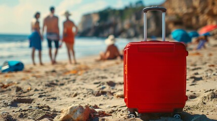 A family is on a beach with a suitcase in the foreground