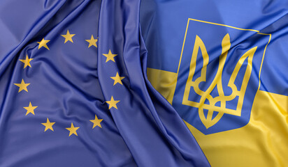 Ruffled Flags of European Union and Ukraine. 3D Rendering - 796536612