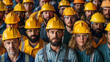 A compelling portrait of a large, focused group of construction workers in safety gear, epitomizing solidarity and professional dedicatio - obrazy, fototapety, plakaty