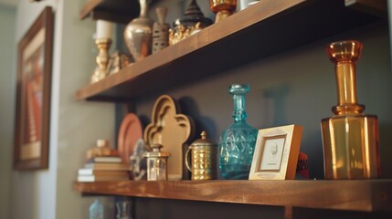 Install wall-mounted shelves to showcase decorative objects and personal mementos. - obrazy, fototapety, plakaty