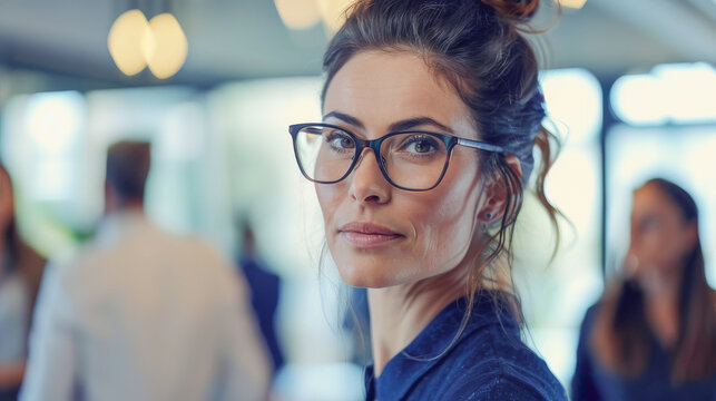 Beautiful business woman looking on camera with coworking office meeting room in background - Speaker, seminar and coaching concept - Models by AI generative