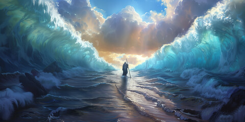 Moses with his staff parting the Red Sea illustration