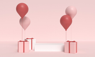 3D pink background with  product podium, gift boxes and balloons.