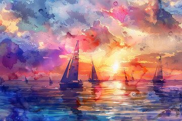 A sailing race, with elegant boats gliding on the sea against a colorful sunset and billowing clouds, emphasizing the beauty and adventure of sailing on open waters.