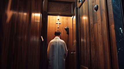 Young praying priest in confession booth