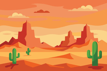 Day in Vast Western American Desert with Cactus Horizon Landscape Illustration design