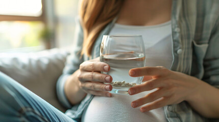 Young pregnant woman with glass of water and Folic Acid