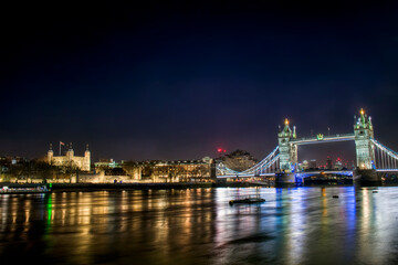 Tower Bridge and Tower of London by the River Thames, Illuminted at Night