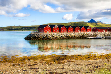 Fishermen's Cabins at Skreda by Offersoystraumen in Lofoten, Nordland, Norway - obrazy, fototapety, plakaty