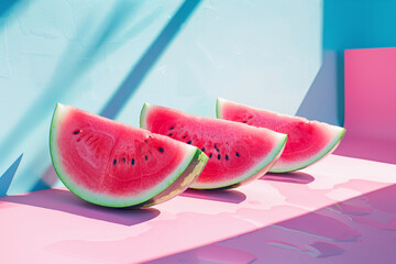 Artistic presentation of watermelon slices, showcasing their freshness and allure against a minimalist setting