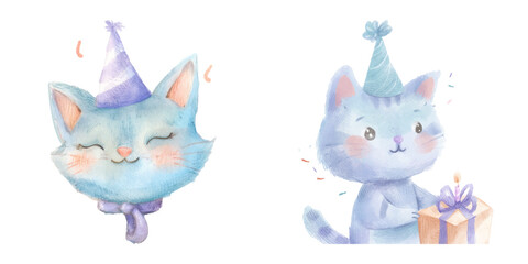 cute cat birthday party watercolor vector illustration