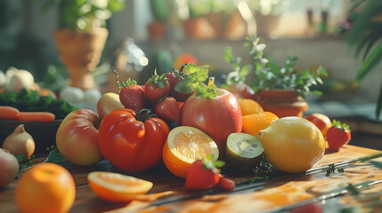 Fresh fruit and vegetables on table