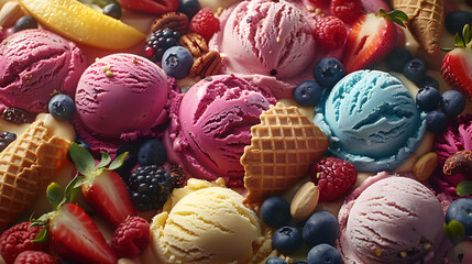Fresh fruit with scoops of creamy speciality ice cream in assorted flavors with raspberry, berry, blueberry, strawberry, walnut , pistachio, chocolate, sugar cones and a scoop for serving from above