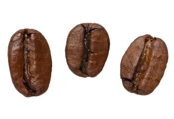 Roasted coffee beans scattered on isolated background