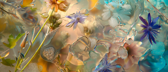 Frozen wildflowers background, the delicate multifaceted texture of colorful floral in ice through which light passes, generative AI wonder fashion pattern 