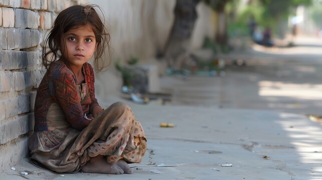 A girl sitting on a sidewalk, begging for food or money.