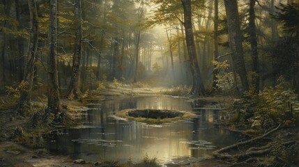 Serene forest glade with meteor impact site surrounded by tall trees and luxuriant greenery