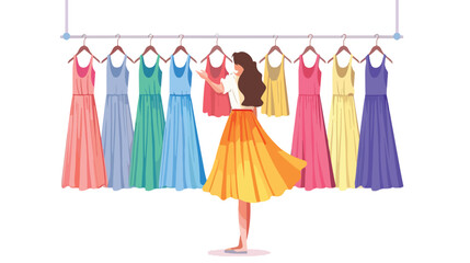 Young Woman chooses a skirt from colorful skirts hang