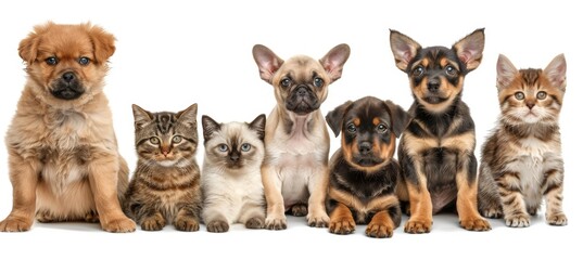 Assorted cats and dogs group photo in studio against white background with room for text