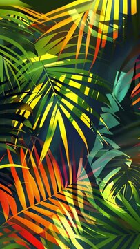 Vertical trendy summer background , colorful leaves palm shape art video wallpaper. Summer colors botanical tropical leaves and floral patter ,sun light and shadows, pink, yellow leaf .