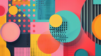 Grid polka dot backdrop with vibrant geometric shapes in