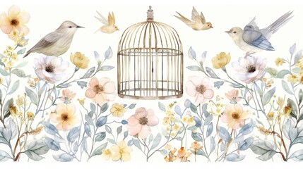 Watercolor Illustration of Birds and Flowers with Vintage Cage