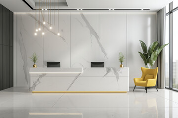 Modern office with white marble reception desk and computer