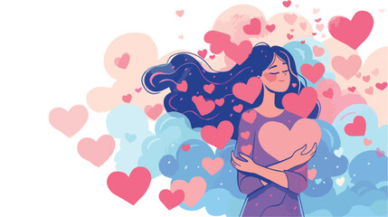 Young woman hugs herself with a cloud full of heart