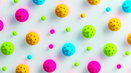 Neon-colored geometric polka dots on white, eye-catching for packaging.