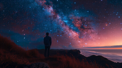 Fototapeta premium Majestic Starry Sky and Solitary Figure Gazing at Galaxy