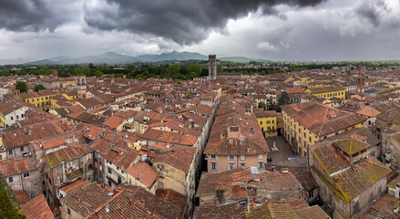 An aerial panoramic view of Lucca in Toskany, Italy during storm