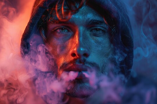 Close-up of a young man's face surrounded by colorful smoke, giving a mysterious vibe