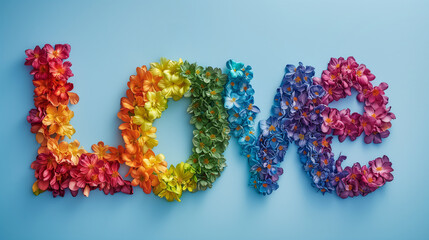 Word 'LOVE' spelled out with multicolored flowers butterflies blue background. Flat lay, copy space - Powered by Adobe