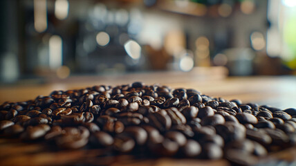 Coffee Beans Close-Up with Rustic Wooden Ambiance