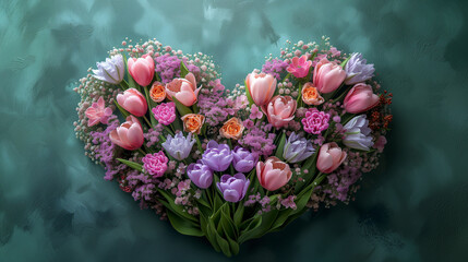 Bouquet beautiful fresh multi colored flowers, roses, tulips the shape heart pastel blue background. - Powered by Adobe