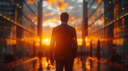 Successful businessman in suit walking at dusk with city skyscrapers silhouetted against the sunset