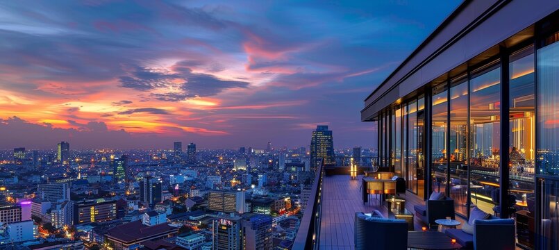 Cityscape rooftop bar  prime sunset spot with panoramic urban skyline views for enjoying drinks