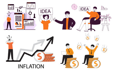 Inflation dollar.Financial crisis.Businessman sitting on coins.Successful investor.Talking and thinking.Brainstorm doodle.Time management deadline.Data science.