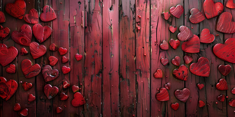 Valentine's day background with red hearts on red grunge background Red Hearts Overflow on Dark Canvas Three-Dimensional Array on red wooden Background .