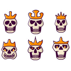Skull king icon. Evil in crown with burning eyes.Isolated on white background. Vector flat illustration.Dead head coronation horror.Dead king skull and crown.Mascot logo.