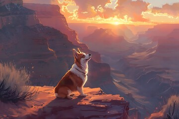A curious Corgi standing at the base of a towering canyon, looking up as the first light of dawn breaks over the rim. The soft pink and orange hues of the morning sky cast a gentle glow