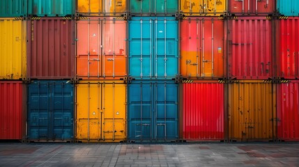Busy commercial dock with colorful cargo containers being loaded onto freight transportation ship