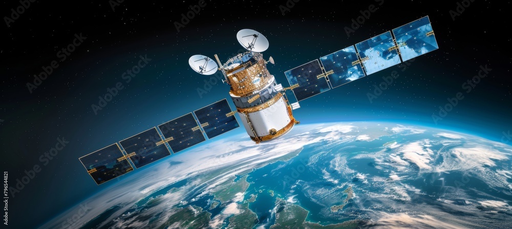 Poster cutting edge satellite for worldwide connectivity and precise gps navigation capabilities