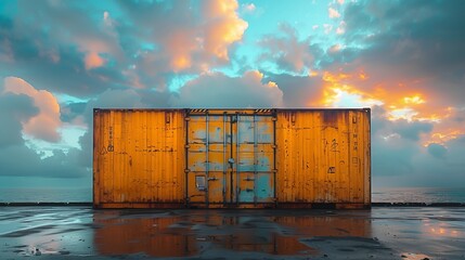 Dusk at Commercial Dock: Cargo Container Ship with Sunset Reflection on Water